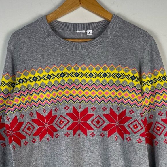GAP Fair Isle Snowflake Gray Crewneck Sweater Sz Medium NEW‎ Cotton Lightweight - Picture 2 of 9